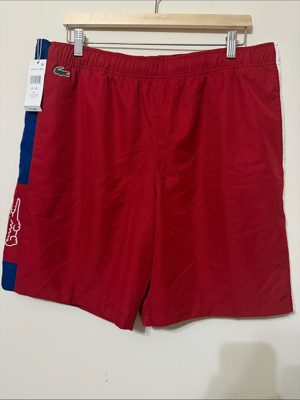 Lacoste Men's Red Athletic Shorts with Blue Side Panels